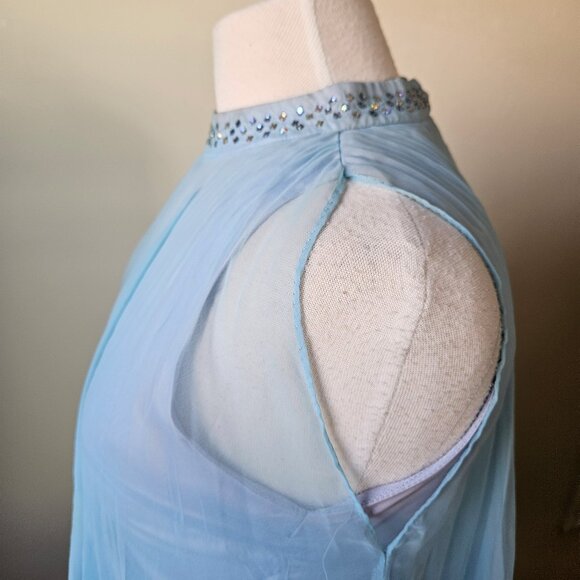Vintage 70s Carroll's Blue Chiffon Pleated Babydoll Tent Trapeeze Mini Dress S - Picture 8 of 11